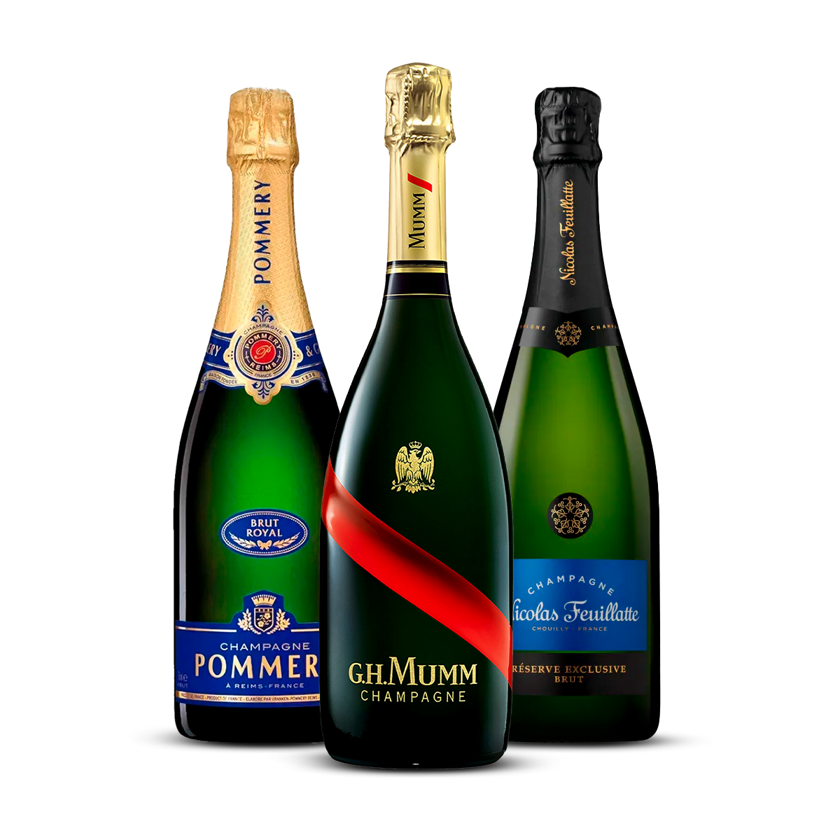 PACK 3 CHAMPAGNES TRADITION - G.H. Mumm Cordon Rouge Brut, Pommery Brut Royal, Nicolas Feuillatte Réserve Exclusive Brut