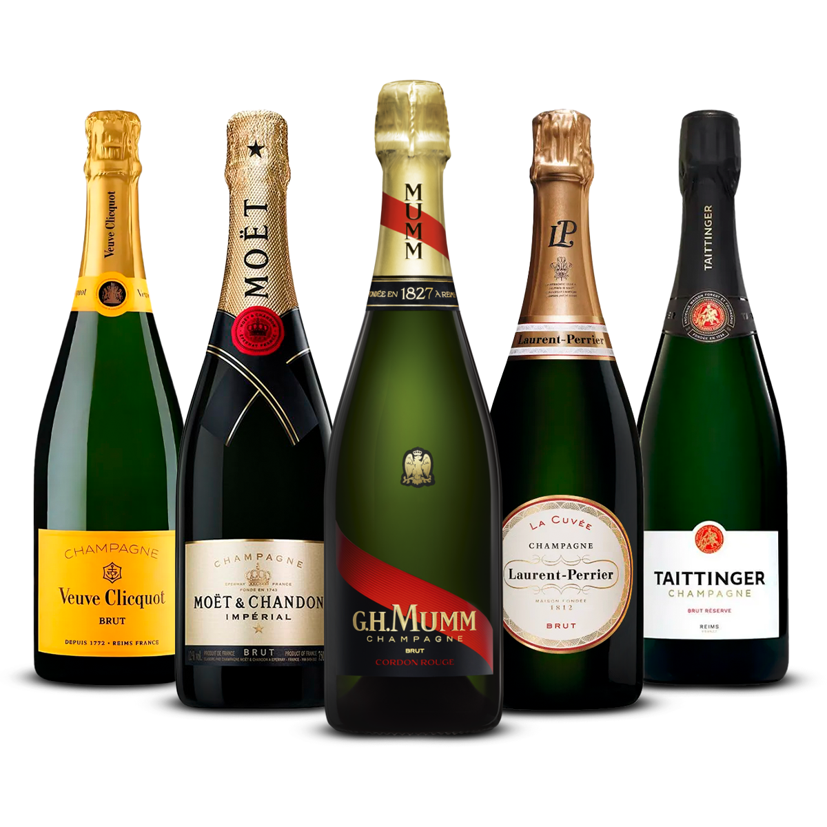PACK 5 CHAMPAGNES PRESTIGE — Veuve Clicquot, Moët & Chandon, G.H. Mumm, Laurent-Perrier, Taittinger