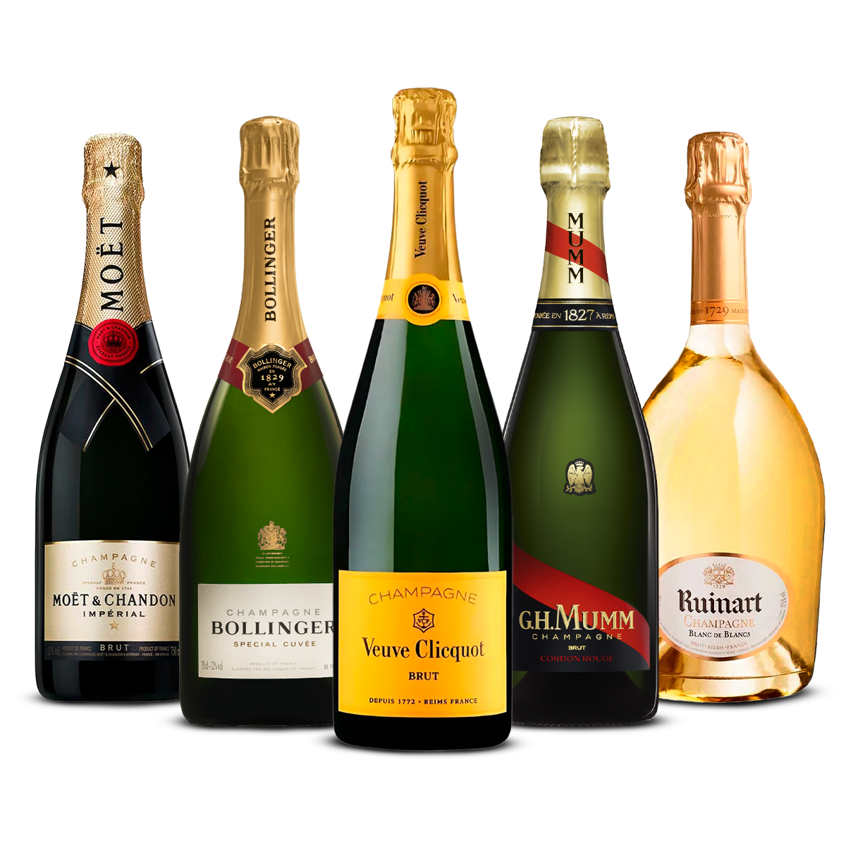PACK 5 CHAMPAGNES PRESTIGE ABSOLUE — Moët & Chandon Impérial, Bollinger Special Cuvée, Veuve Clicquot Brut, G.H. Mumm Cordon Rouge, Ruinart Blanc de Blancs