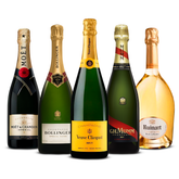 PACK 5 CHAMPAGNES PRESTIGE ABSOLUE — Moët & Chandon Impérial, Bollinger Special Cuvée, Veuve Clicquot Brut, G.H. Mumm Cordon Rouge, Ruinart Blanc de Blancs