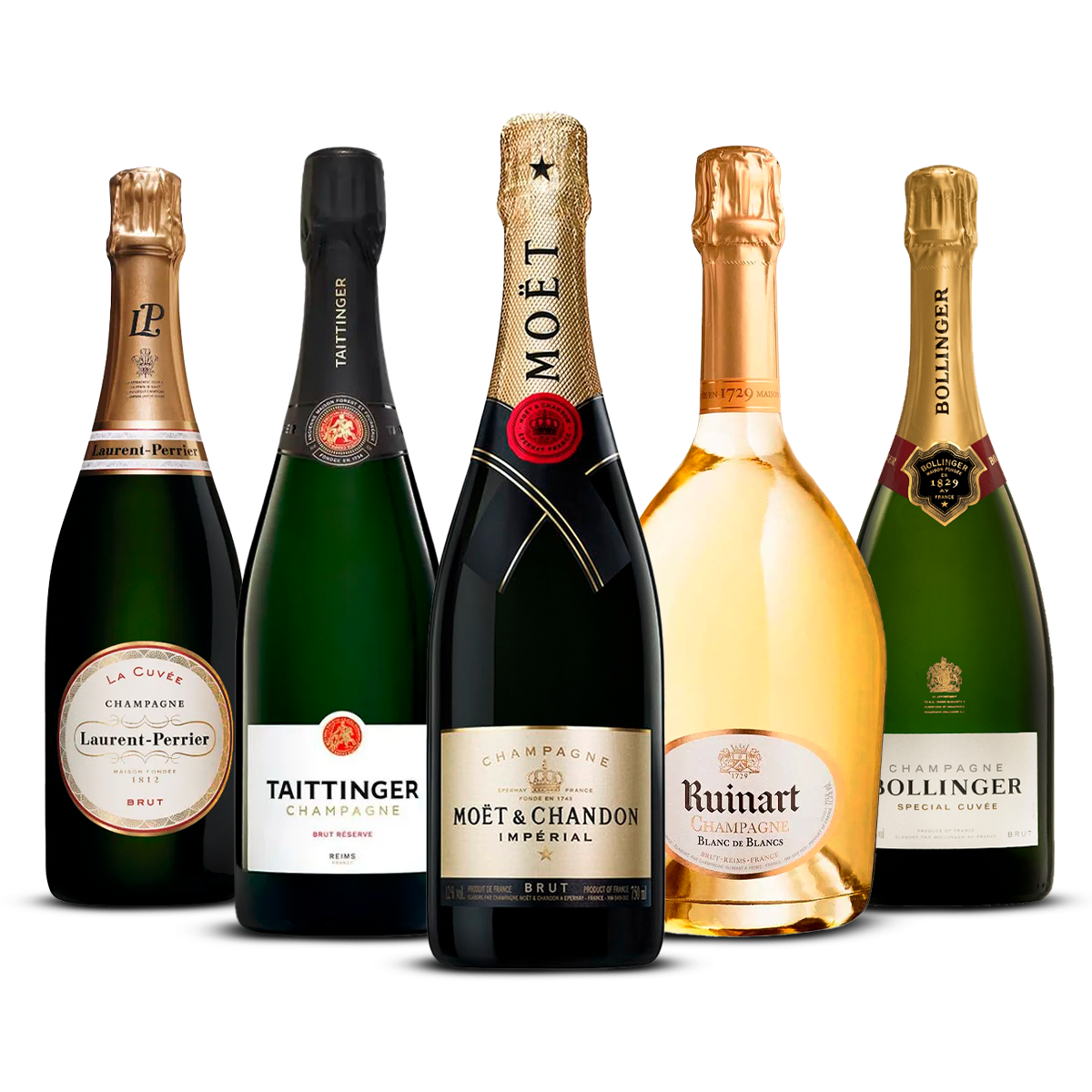 PACK 5 CHAMPAGNES PRESTIGE ABSOLUE — Laurent-Perrier La Cuvée Brut, Taittinger Brut Réserve, Moët & Chandon Impérial Brut, Ruinart Blanc de Blancs, Bollinger Special Cuvée