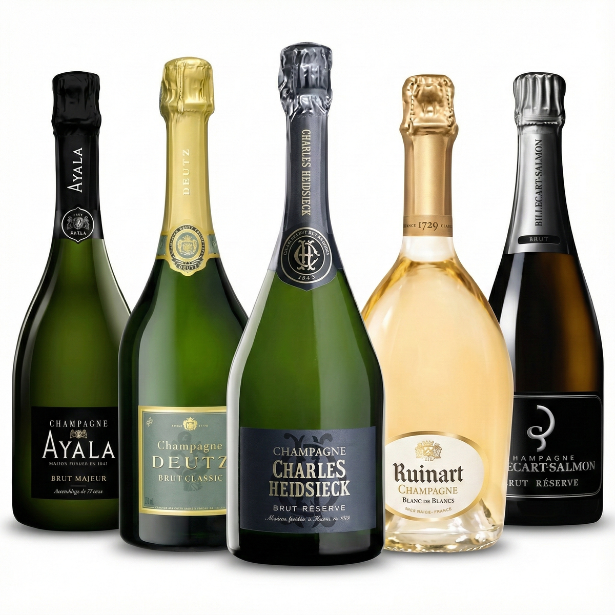 PACK 5 CHAMPAGNES PRESTIGE — Ayala Brut Majeur, Deutz Brut Classic, Charles Heidsieck Brut Réserve, Ruinart Blanc de Blancs, Billecart-Salmon Le Réserve