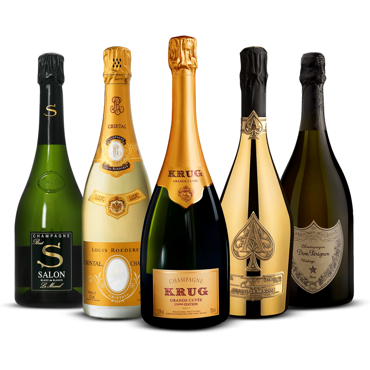 PACK 5 CHAMPAGNES ULTRA PRESTIGE — Krug Grande Cuvée, Cristal Brut, Salon Blanc de Blancs, Armand de Brignac Gold, Dom Pérignon Brut