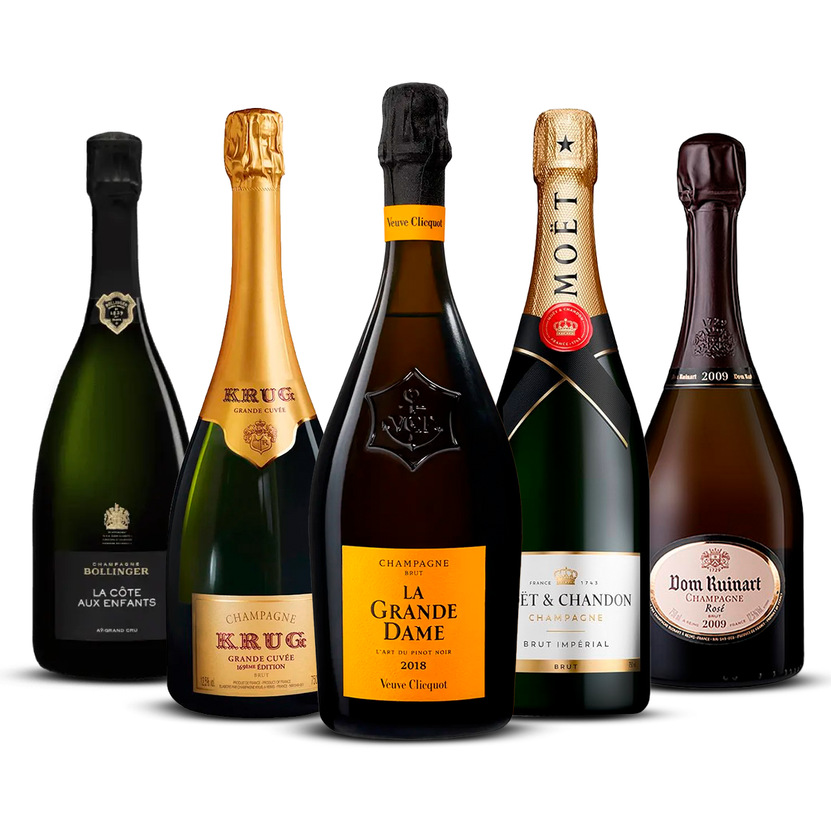 PACK 5 CHAMPAGNES PRESTIGE ABSOLU — La Grande Dame, Moët Impérial, Dom Ruinart Rosé, Krug Grande Cuvée, Bollinger La Côte aux Enfants