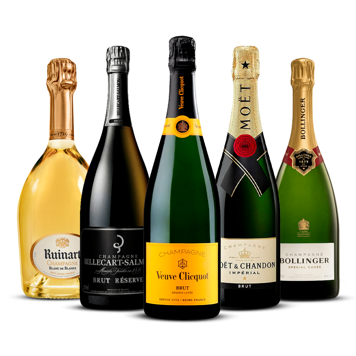 PACK 5 CHAMPAGNES ÉLITE DORÉE — Ruinart Blanc de Blancs, Billecart-Salmon Réserve, Veuve Clicquot Saint-Pétersbourg, Moët Impérial, Bollinger Special Cuvée