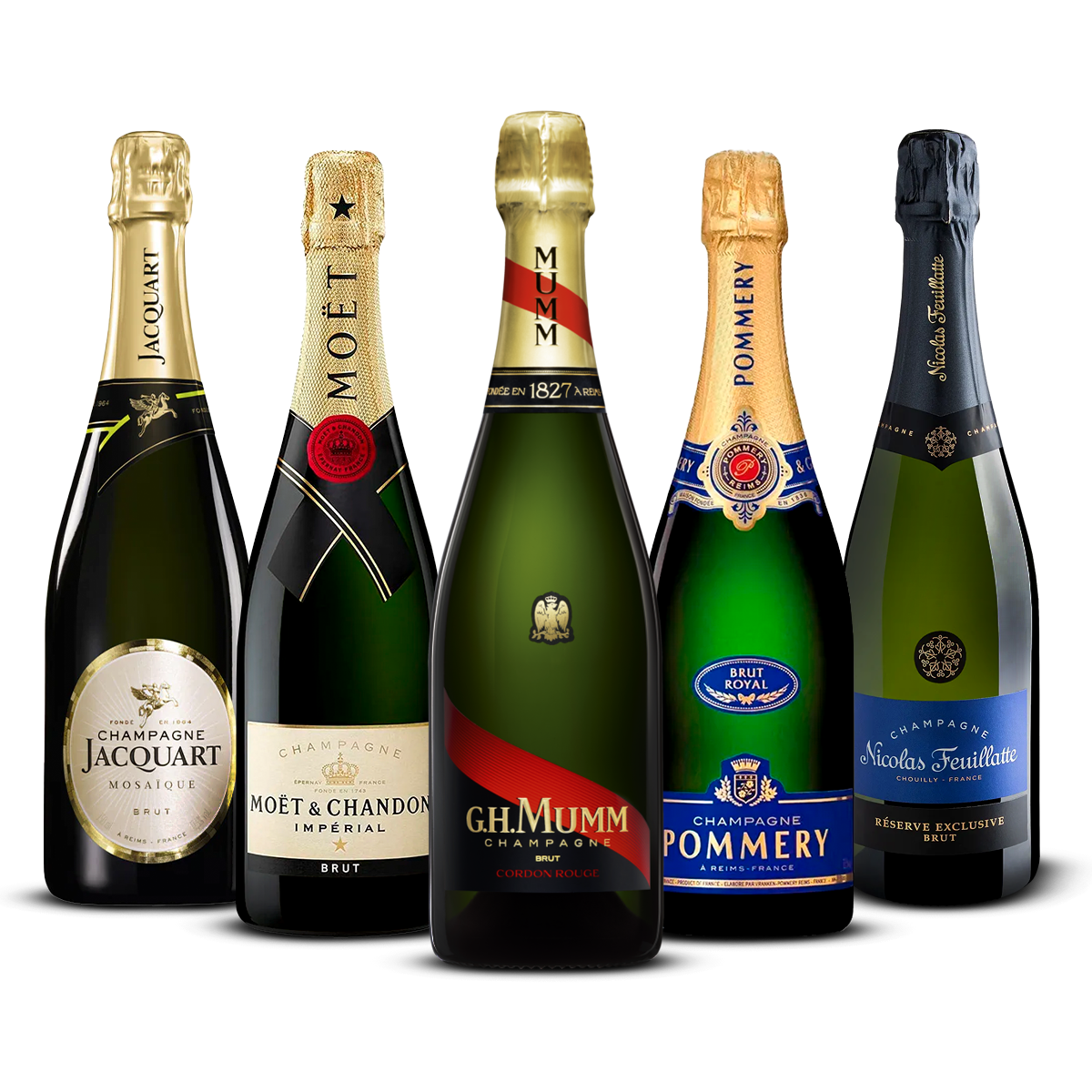 PACK 5 CHAMPAGNES COLLECTION MOSAÏQUE — Jacquart Mosaïque, Moët Impérial, Mumm Cordon Rouge, Pommery Brut Royal, Nicolas Feuillatte Brut