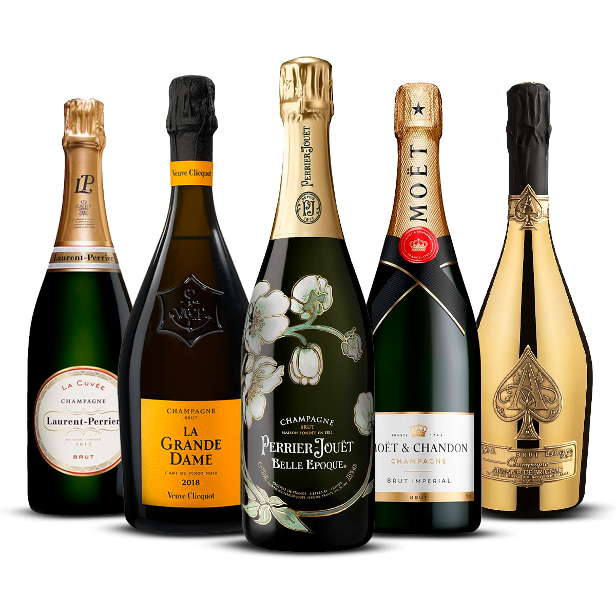 PACK 5 CHAMPAGNES PRESTIGE FLORAL — Laurent-Perrier La Cuvée, La Grande Dame, Belle Epoque, Moët Impérial, Armand de Brignac Brut