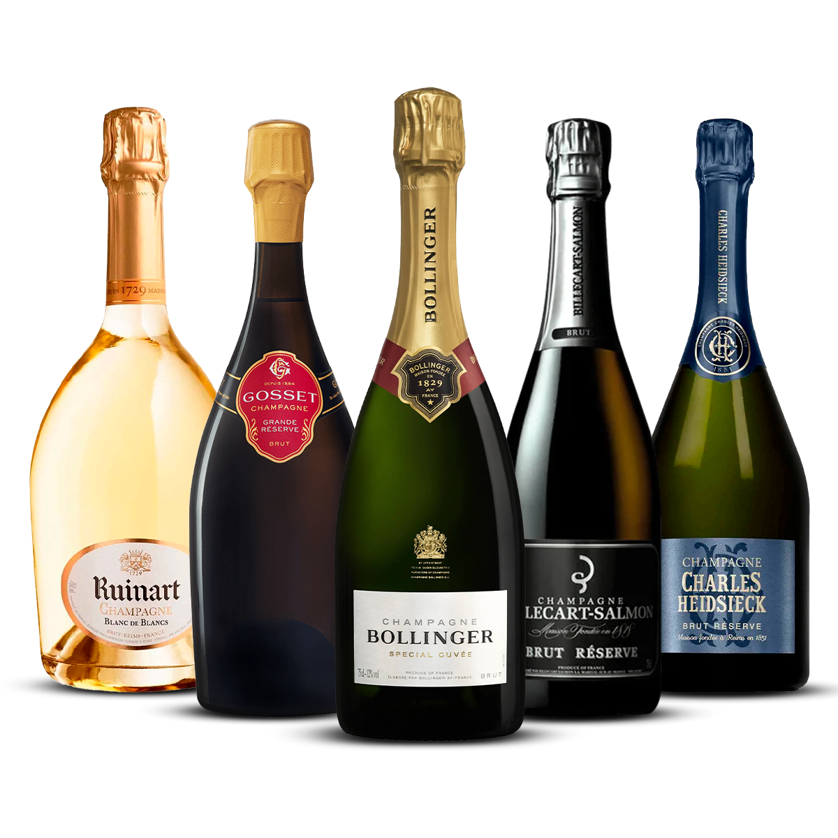 PACK 5 CHAMPAGNES HARMONIE D’EXCELLENCE — Ruinart Blanc de Blancs, Gosset Grande Réserve, Bollinger Special Cuvée, Billecart-Salmon Brut Réserve, Charles Heidsieck Brut Réserve