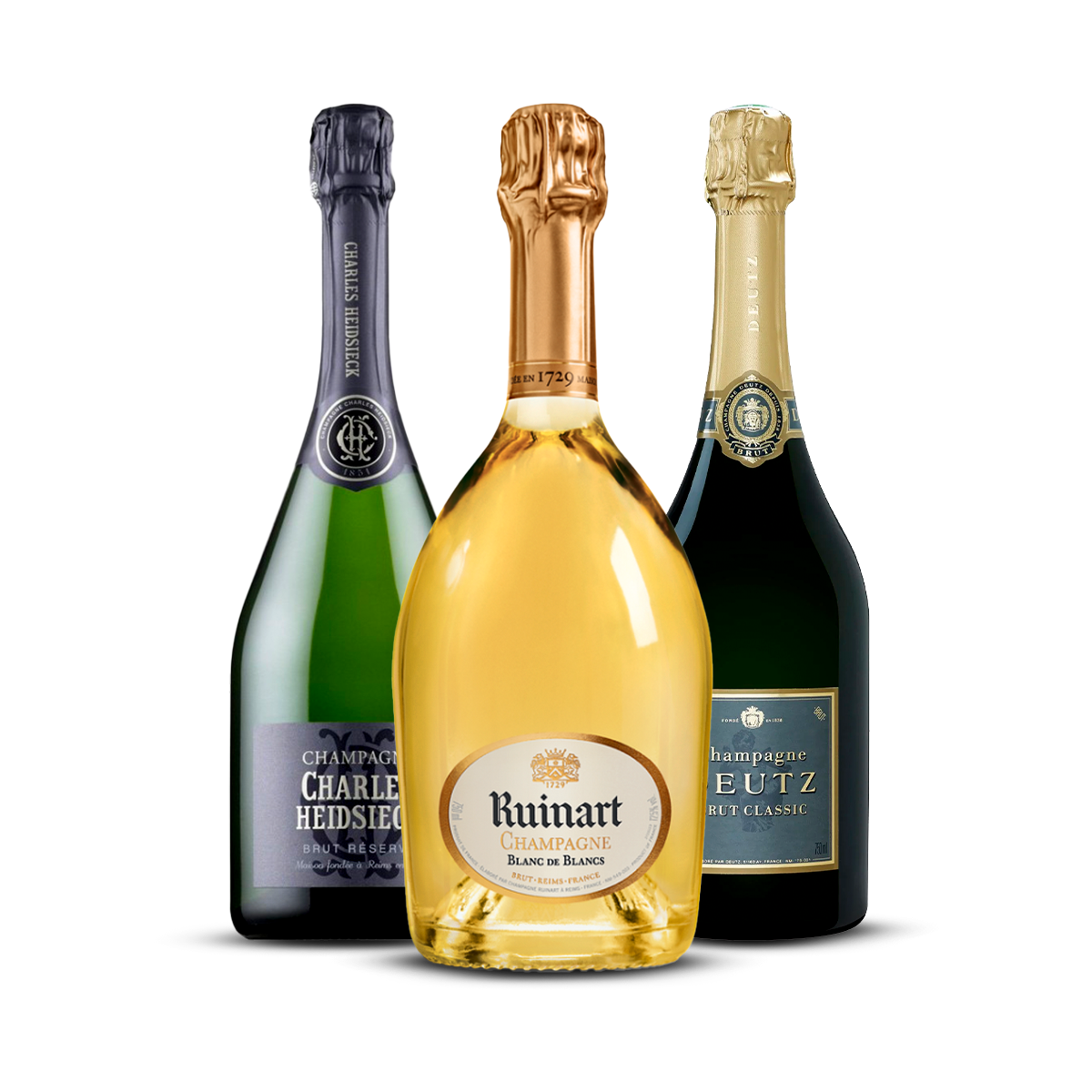 PACK 3 CHAMPAGNES HARMONIE - Ruinart Blanc de Blancs, Deutz Brut Classic, Charles Heidsieck Brut Réserve